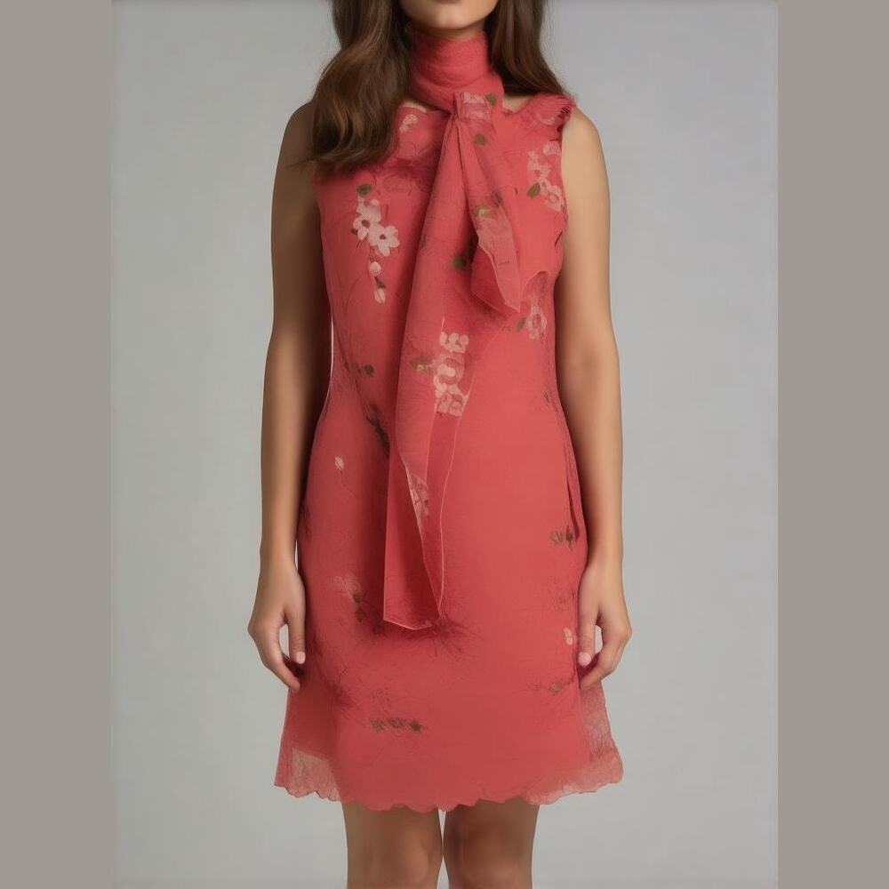 Vintage LaBelle Pink Floral Chiffon Sleeveless Sheath Dress With Scarf Women 9